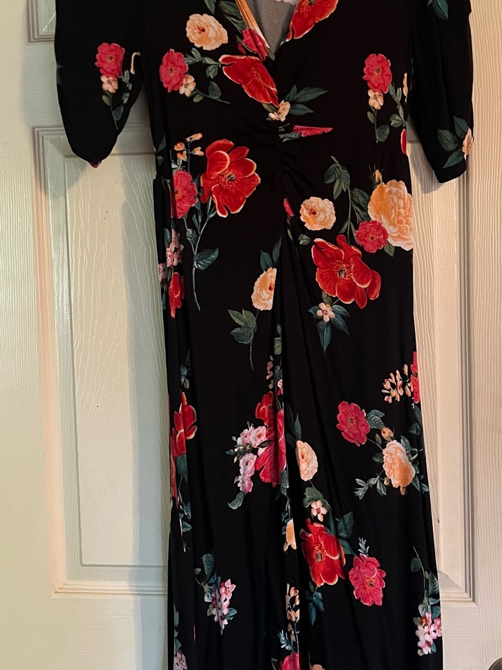Old Navy Black Floral Wrap Maxi Dress with Red & Peach Blooms